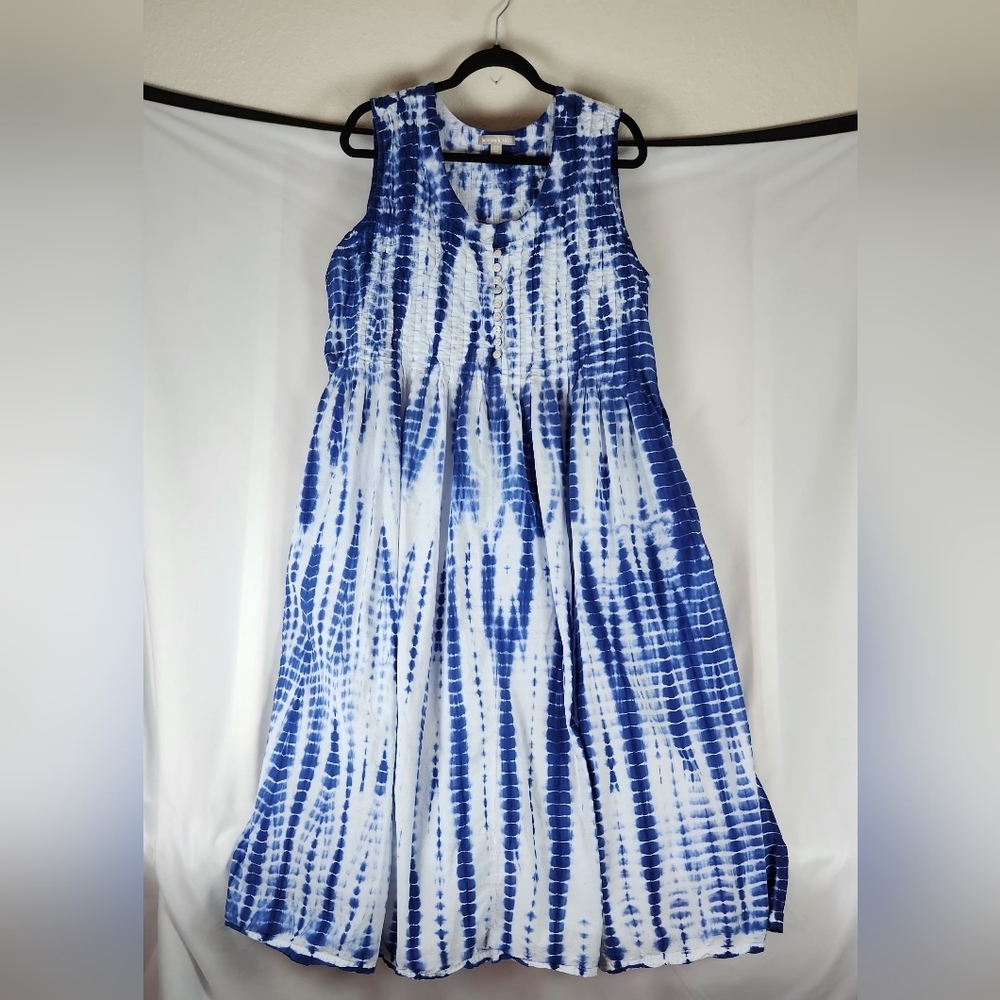 Woman Within Plus Siz 20 Blue White Tie-Dye Button Pintuck Maxi Dress Sleeveless